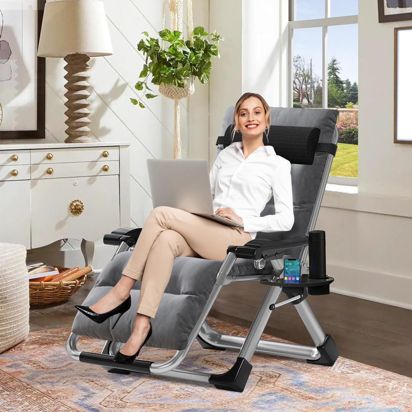 Obqer Folding Zero Gravity Chair, 440LBS Heavy Duty Sun Lounger, Adjustable Garden Recliner with Cushion and Side Holder, Extra Wide, No Assembly Required, Sun Loungers for Garden Terrace Beach Pool