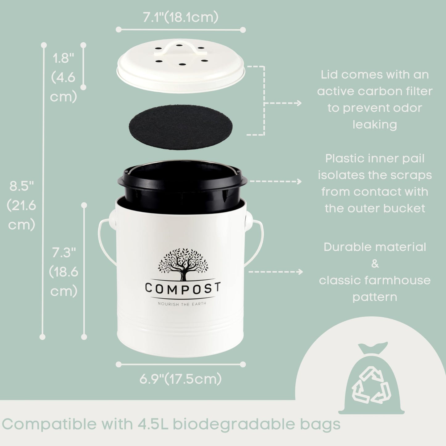 Perfnique Kitchen Compost Bin, 5 Liter/1.3 Gallon Countertop Compost Bin with Lid, Indoor Compost Bucket Includes Inner Bucket Liner and Carbon Filter, Small Compost Bin