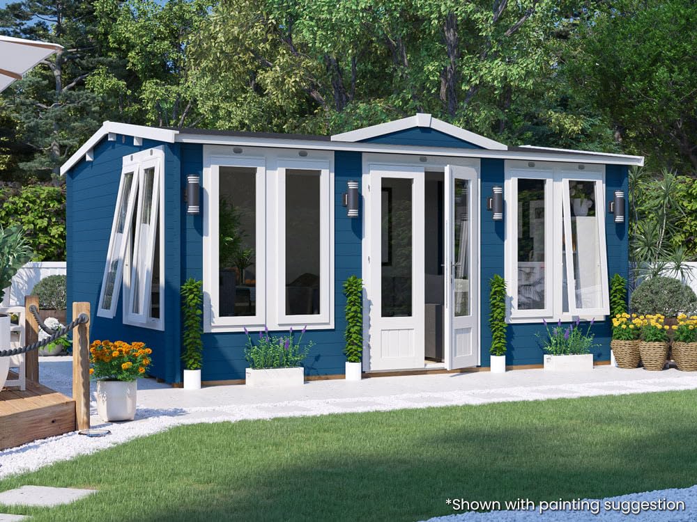 Dunster House Log Cabin Summer House 5 x 4 Metres Garden Room Office Man Cave DIY Outdoor Building Shed GhostFlower 34mm