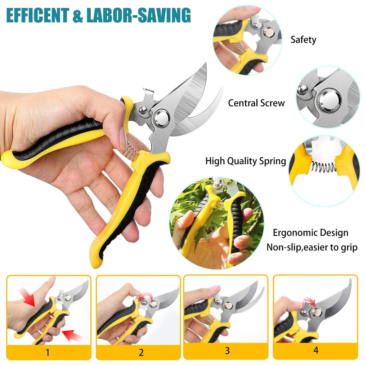 Garden Secateurs Pruning Scissors, 3 Pack Professional High Carbon Alloy Steel Garden Shears Bypass Pruning Shears Lightweight Hand Pruner with Locking Mechanism for Fruit Branch, Hedge, Plants