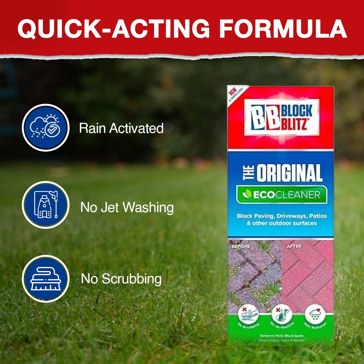 Block Blitz Block Paving Eco Cleaner. Removes and Prevents Algae, Moss, and Black Spot. Deters Weed Growth for up to 6 Months. 6 x Pouches. Treats 30 sq/m.