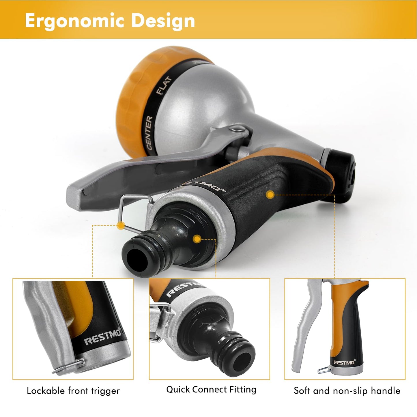 RESTMO Hose Pipe Spray Gun, Heavy Duty Garden Hose Spray Gun, High Pressure Hose Nozzle, Metal Hand Sprayer with 7 Patterns and Water Flow Control, Ideal to Water Plant & Lawn, Wash Car & Pet (Yellow)