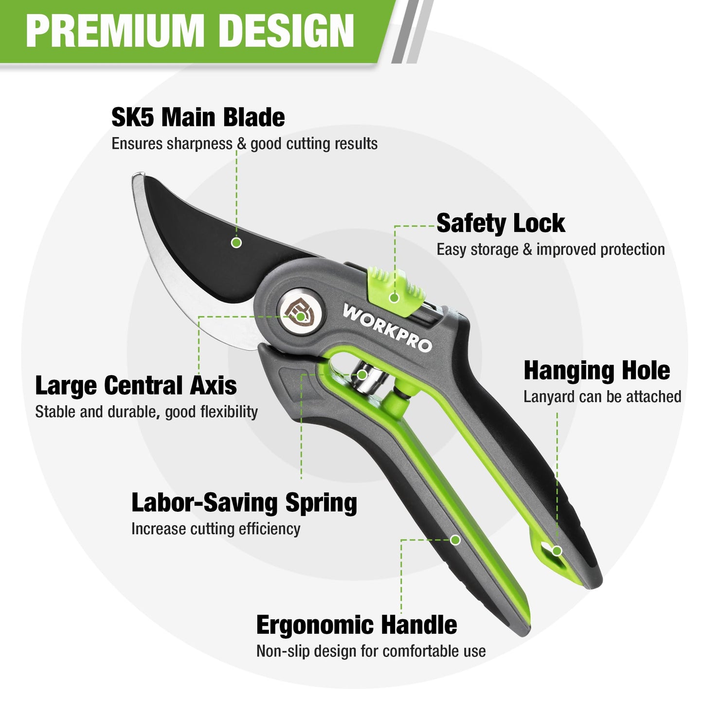 WORKPRO Secateurs & Pruning Scissors | Heavy Duty 210mm Secateurs with SK5 Blades | Labor-Saving Garden Scissors with Safty Lock | Essential Garden Tools for Pruning Flowers