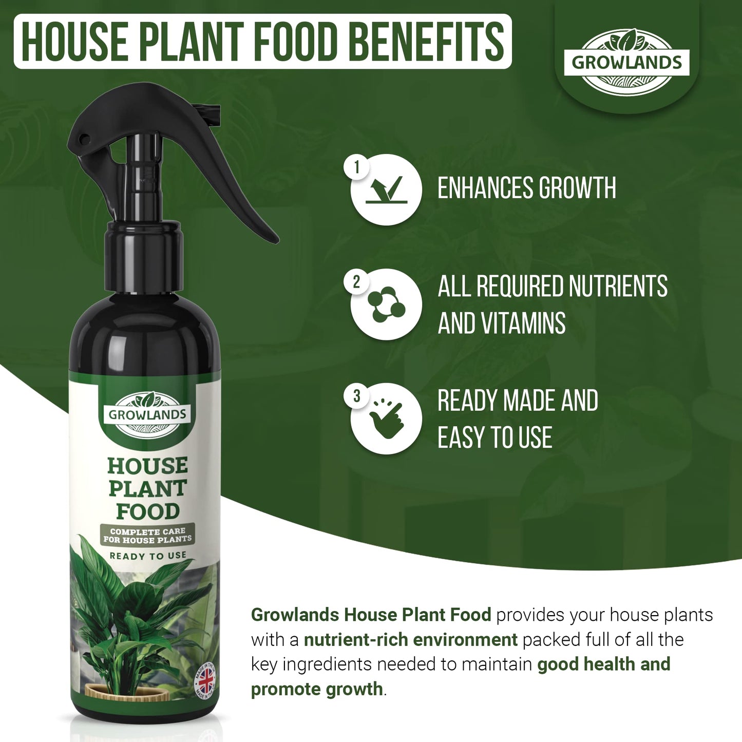 Growlands Indoor House Plant Food - 300 ml - Indoor Plant Liquid Spray Fertilizer - Designed For Use on All Indoor Plants - Fertilizer for Indoor Plants - Ready to Use Mist Spray