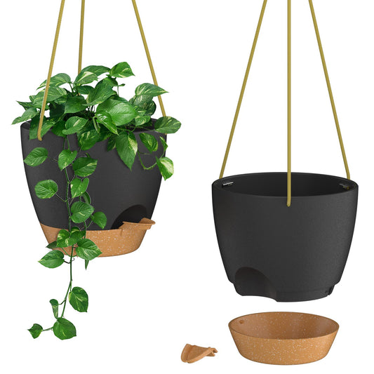 ZMTECH 25cm Hanging Planters with Watering Inlet 10 Inch Self Watering Plant Pot with Drainage Holes and Removable Saucer Plastic Flower Pot for Indoor Outdoor Plants (Black)