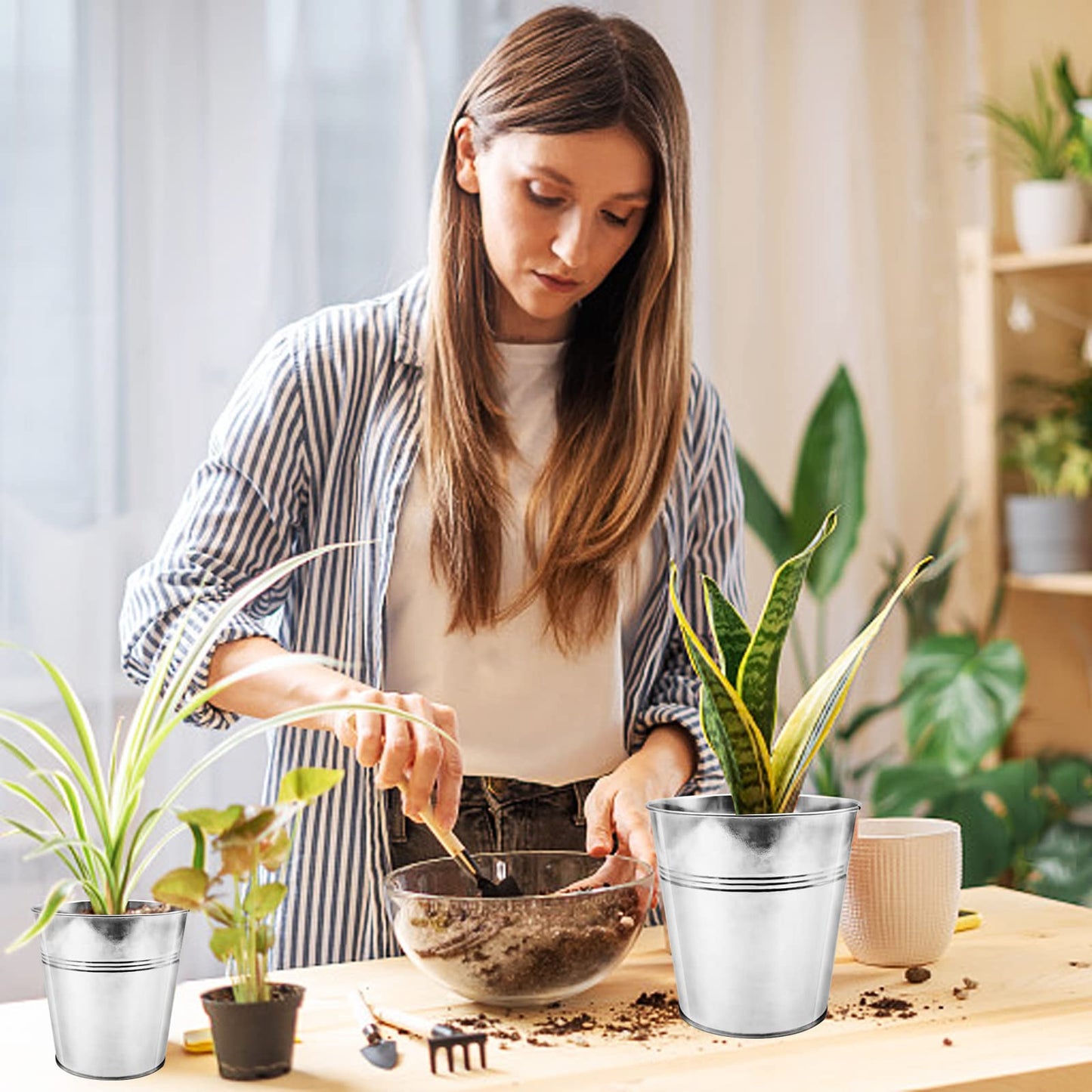 WAIZHIUA 12Pack Metal Plant Pots with Mini Tools, 12cm Depth Herb Pots, Galvanised Iron Garden Planters for Plants Herb Flowers Shrubs Indoor Outdoor DIY Use