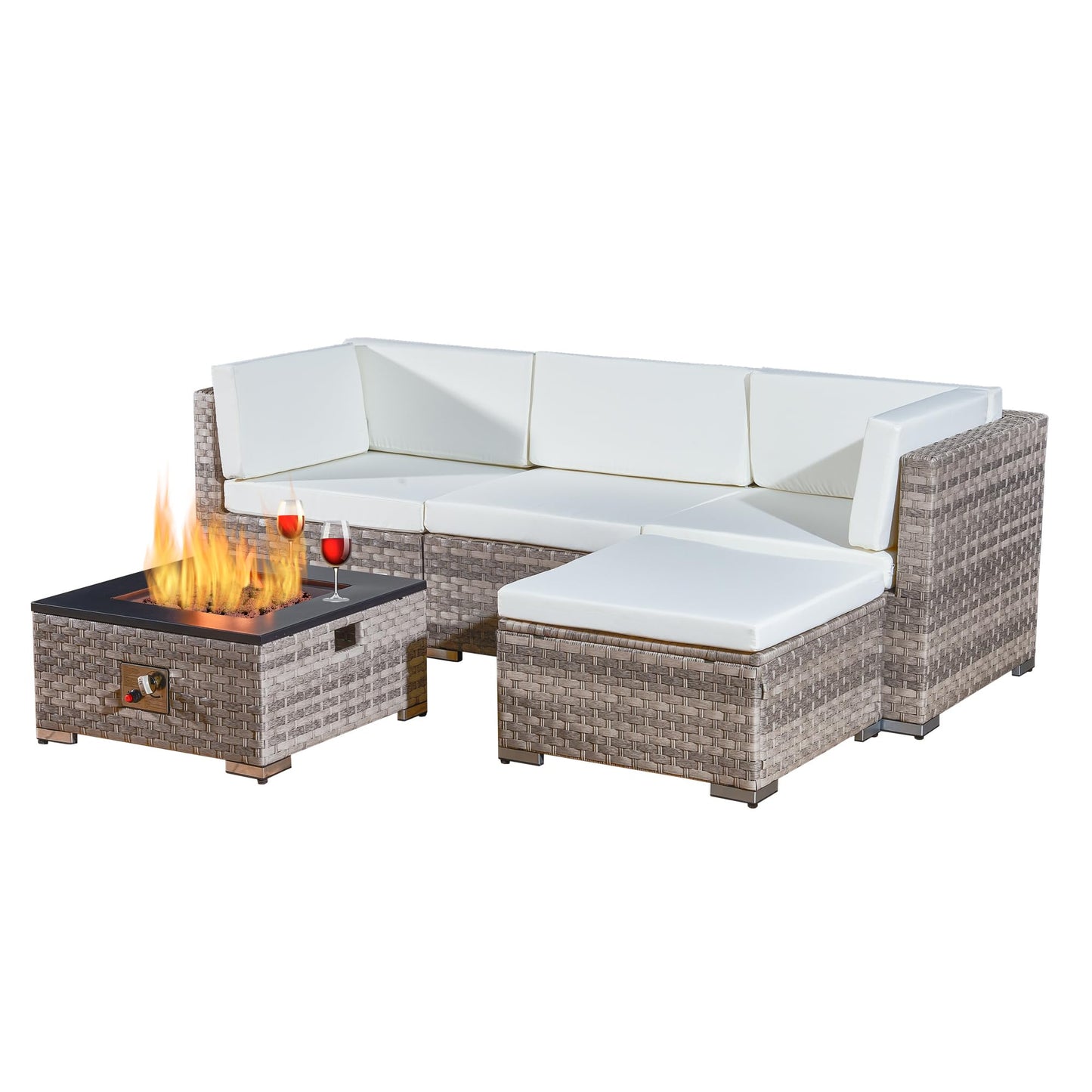 Aweather Rattan Garden Furniture Set with Fire Pit Table 5 Pieces Outdoor Sectional Sofa Set, CSA Certification, All Weather Wicker Patio Conversation Sets for Garden, Poolside, Backyard