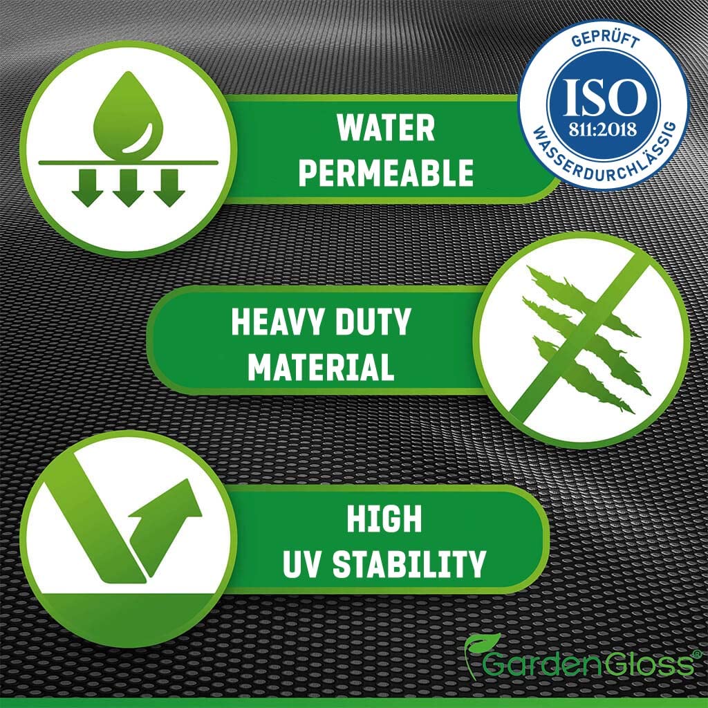GardenGloss 50m2 Weed Control Membrane Heavy Duty (150gsm) - Water Permeable and Tearproof Weed Barrier Fabric - Weed Control Fabric with High UV-Stabilisation (50m x 1m, Roll)