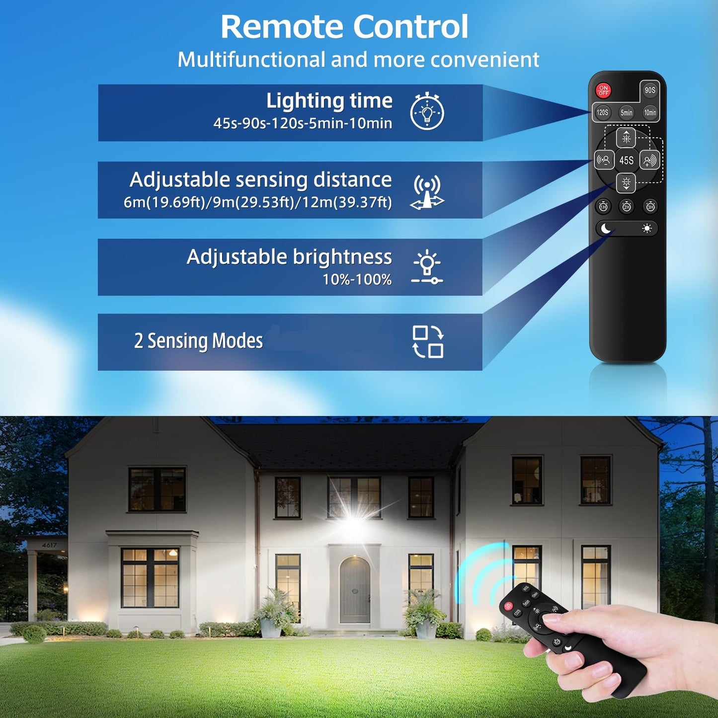 MEIHUA 70W Security Lights Outdoor Motion Sensor, 6580LM PIR Floodlight 4 Modes with Remote Control, IP66 6500K Motion Sensor Lights Outdoor with 3 Adjustable Heads for Garden, Yard, Patio, Garage