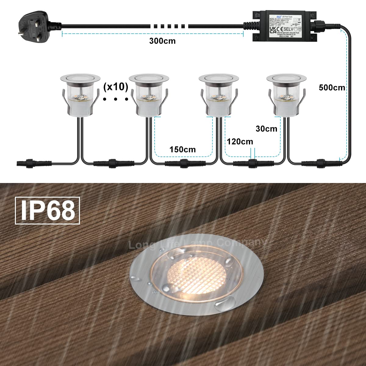 Long Life Lamp Company IP68 Outdoor LED Decking Lights 30mm Round Warm White 3000k 10 Kit DEC10WW