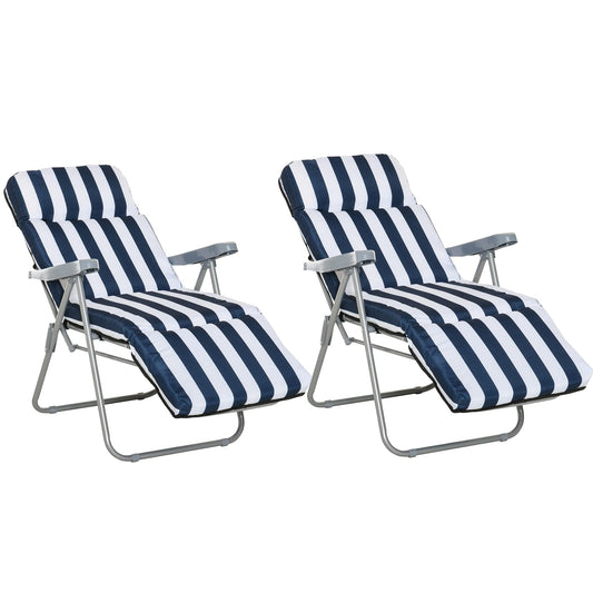 Outsunny Reclining Garden Chair Set of 2, 5-Level Adjustable Zero Gravity Chairs with Cushions, Folding Sun Lounger Garden Recliner Chairs with Armrests for Outdoor, Patio, Blue Stripe