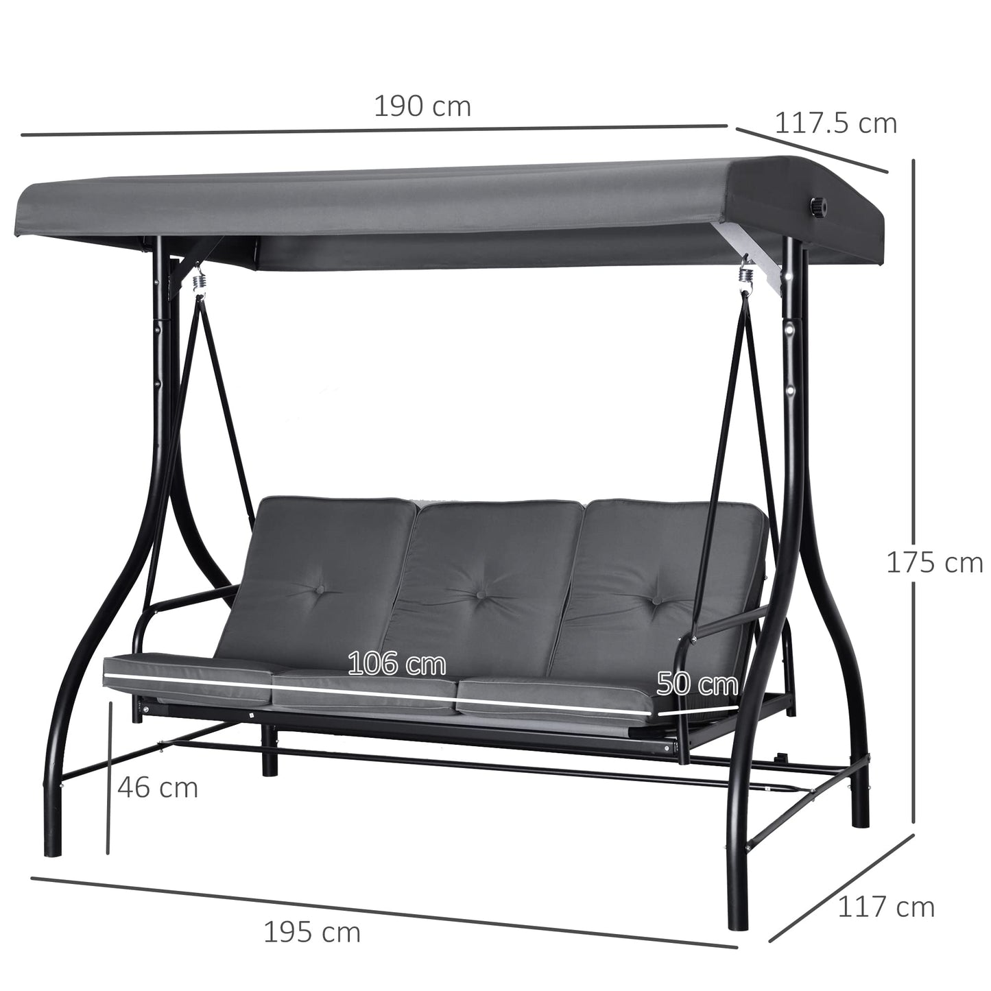 Outsunny 3 Seater Canopy Swing Chair Porch Hammock Heavy Duty 2 in 1 Garden Bench Lounger Bed with Metal Frame, Removable Cushion - Dark Grey
