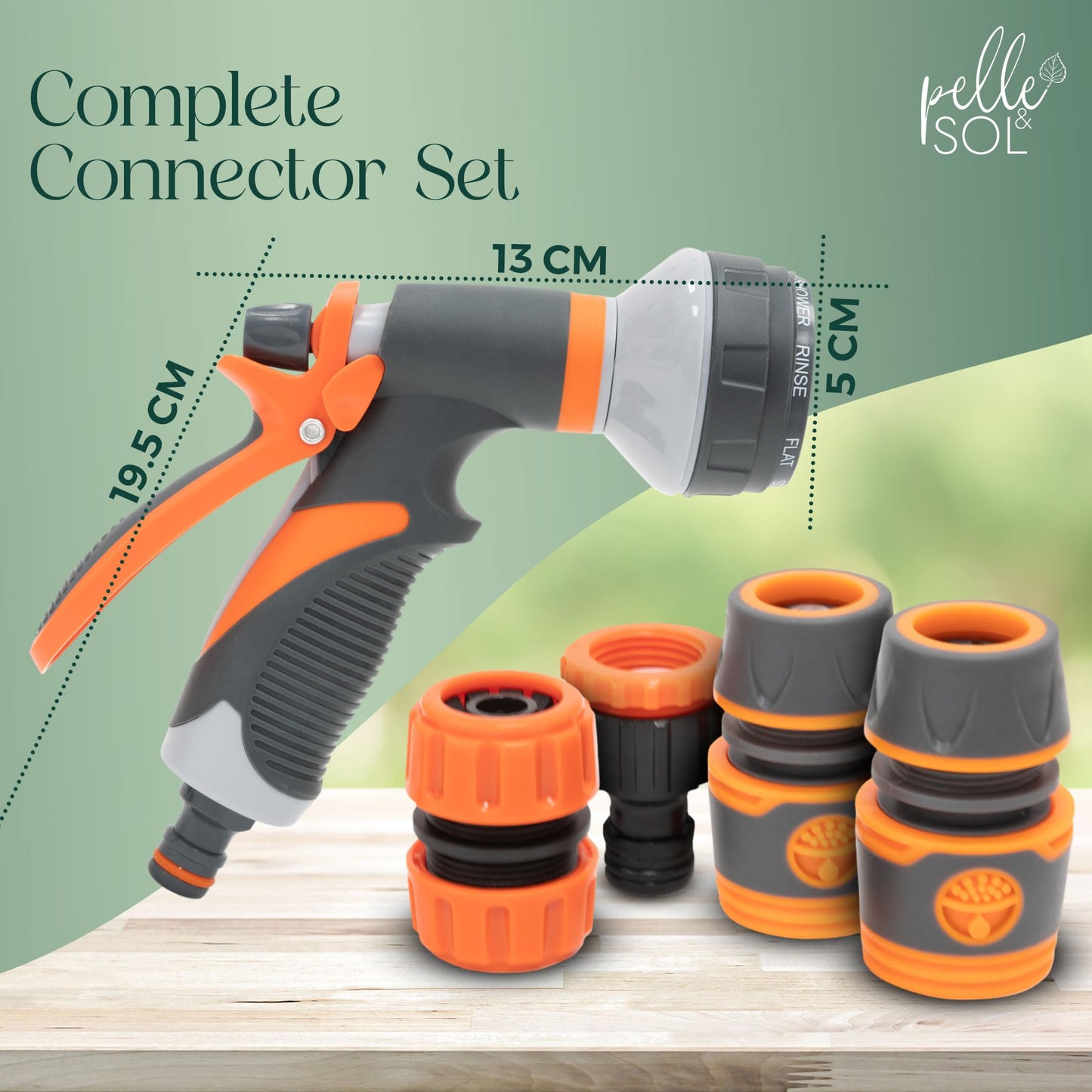 Pelle & Sol Hose Pipe Spray Gun Kit with 8 Adjustable Modes High-Pressure Nozzle & Hose Connector Fittings | Non-Slip Garden Hose Set & Garden Tools |Shower Hose Set for Watering Plants, Car Cleaning
