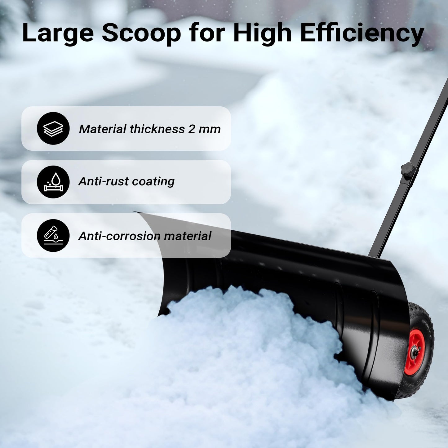 Wiltec Manual Snow Shovel with Wheels for Easy Snow Shovelling, Sturdy Snow Blade, Adjustable Handle, Rubber Tyres, Ideal Tool for Clearing Driveways and Large Areas with Minimal Effort, Snow Pusher