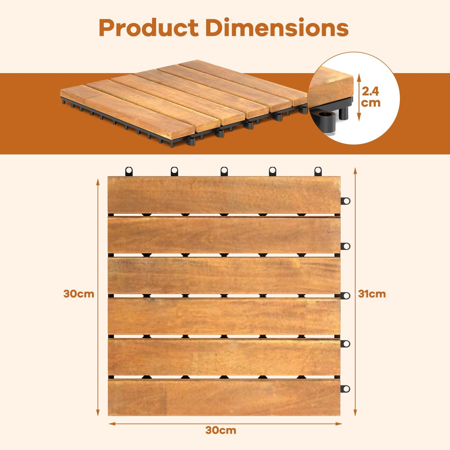COSTWAY 27 Pcs Decking Tiles, 30 x 30cm Acacia Hardwood Interlocking Floor Tiles, Cuttable Deck Tile for Indoor Outdoor Patio Garden Balcony Pavement, Tools Free Assembly