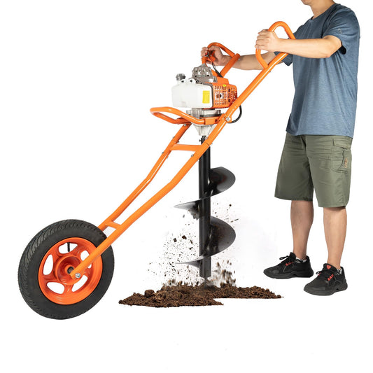 MEHOOSPVN 63cc 2-Stroke Petrol Earth Drill Fence Post Ground Hole Drill 3HP -11" Drill Bit Earth Auger Borer Ground Drill cart excavator w/1200ml fuel tank Garden Auger Hole Petrol Hole Digger Orange