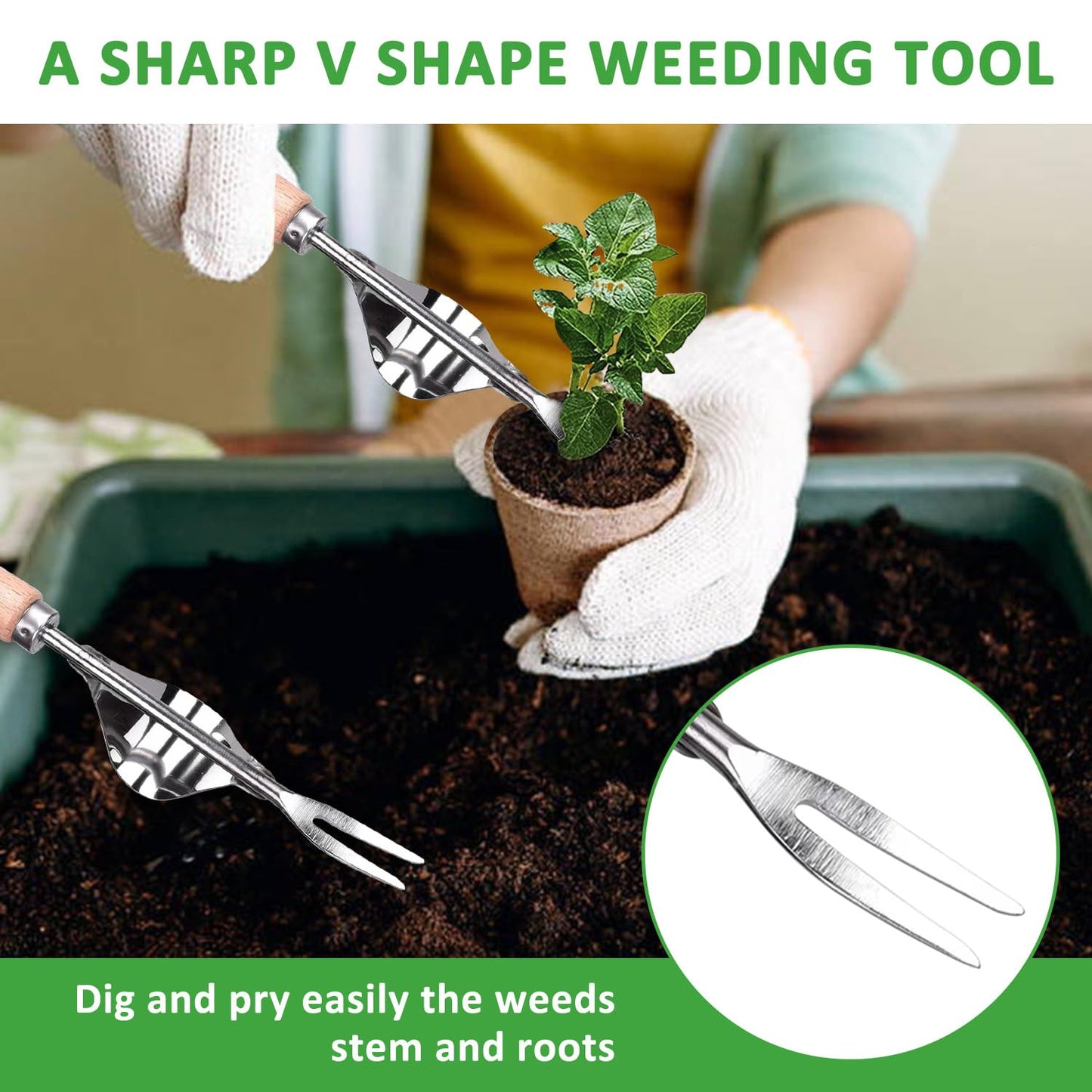 YingBiao Hand Weed Remover Tool Stainless Steel Manual Deep Root Weeding Tool Multifunctional Weeder Tools Wooden Handle Weeding Tools for Garden Dandelions Patio Crack Lawn Grass