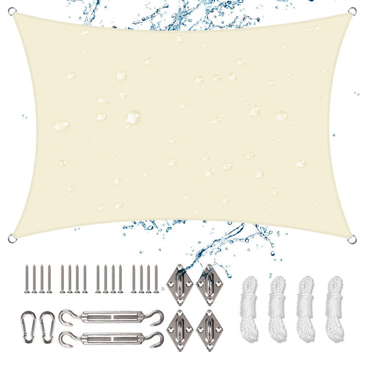 NAKIHOUSE Sun Shade Sail 6m x 4m Rectangle Waterproof Sunscreen Awning Canopy with Fixing Kit 95% UV Block Sun Shades for Outdoors, Garden, Patio, Yard, Party (Cream)