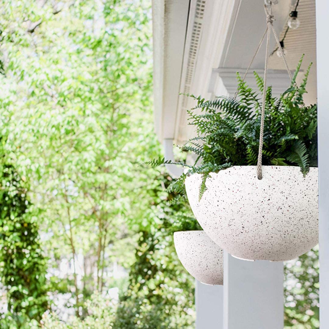 LATERN 2Pcs Hanging Flower Pots, 25cm Speckled White Hanging Plant Pots with Drainage Holes and Plugs, Hanging Planters for Boho Home Garden Decor