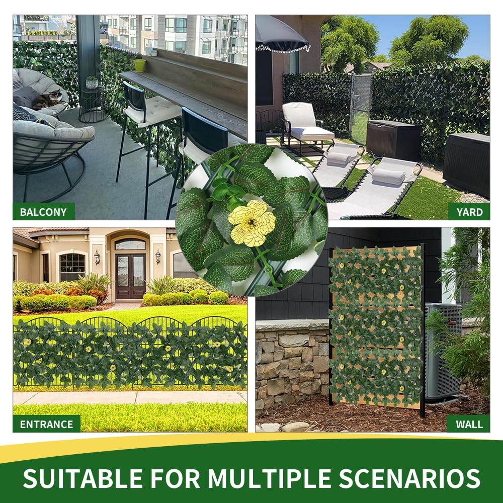 Expanding Garden Trellis Panels Expandable Garden Fence Screening with Flower | Expandable Fence Privacy Screen | Faux Ivy Privacy Screen | Garden Greenery | Balcony - 200x30cm (Yellow Flower)