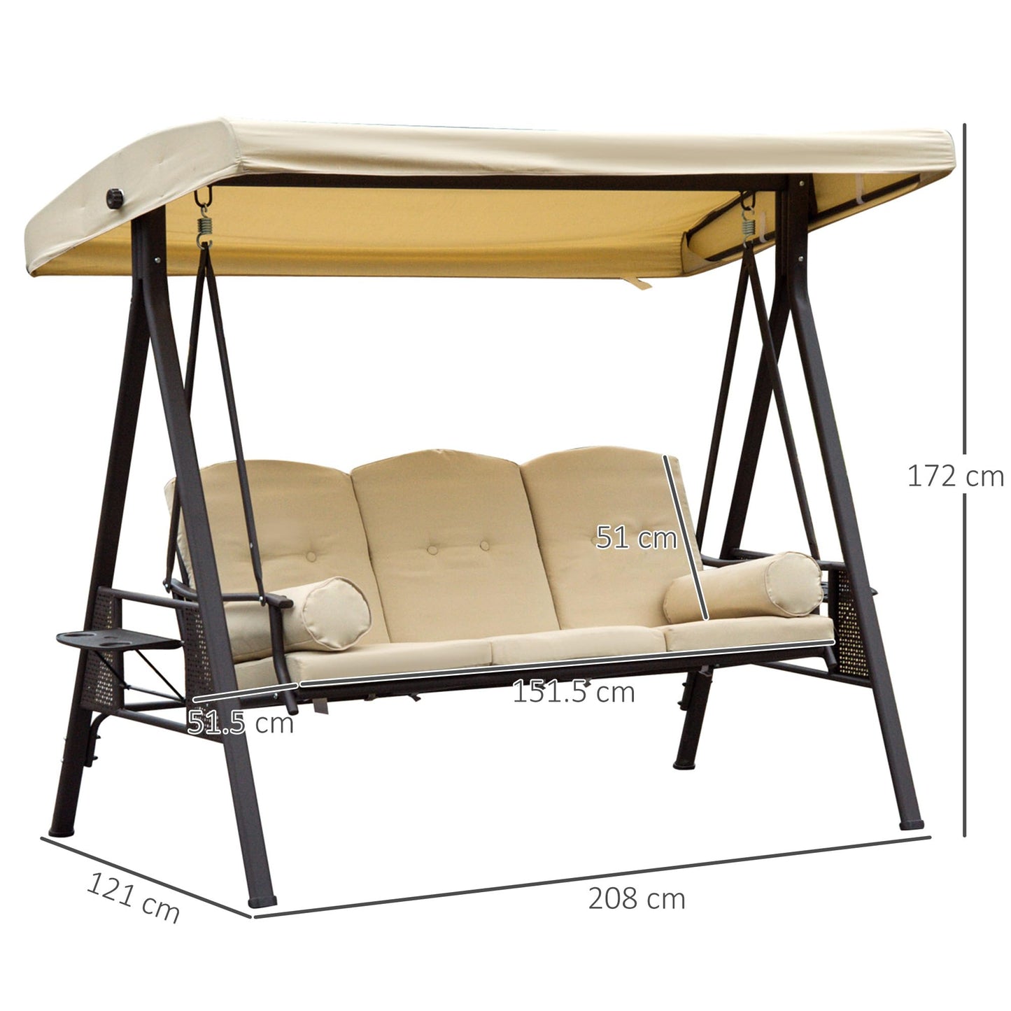 Outsunny 3 Seater Garden Swing Chair Outdoor Hammock Bench w/Adjustable Canopy, Cushions and Cup Trays, Brown Steel Frame, Beige Fabric