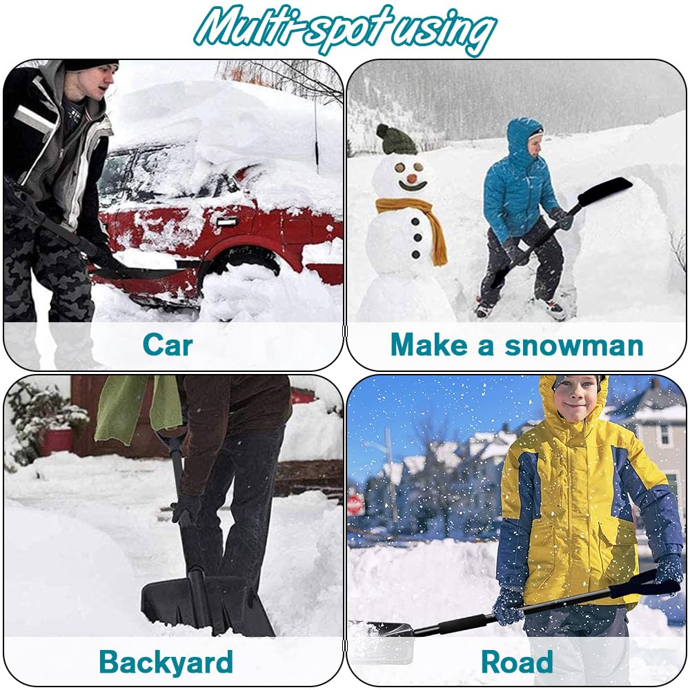PLACHIDAY Snow Shovel, New Upgrade Large-Capacity Lightweight Aluminum Portable Snow Shovel, Perfect for Garden, Car, Camping with Extra Ice Scrape(Black)