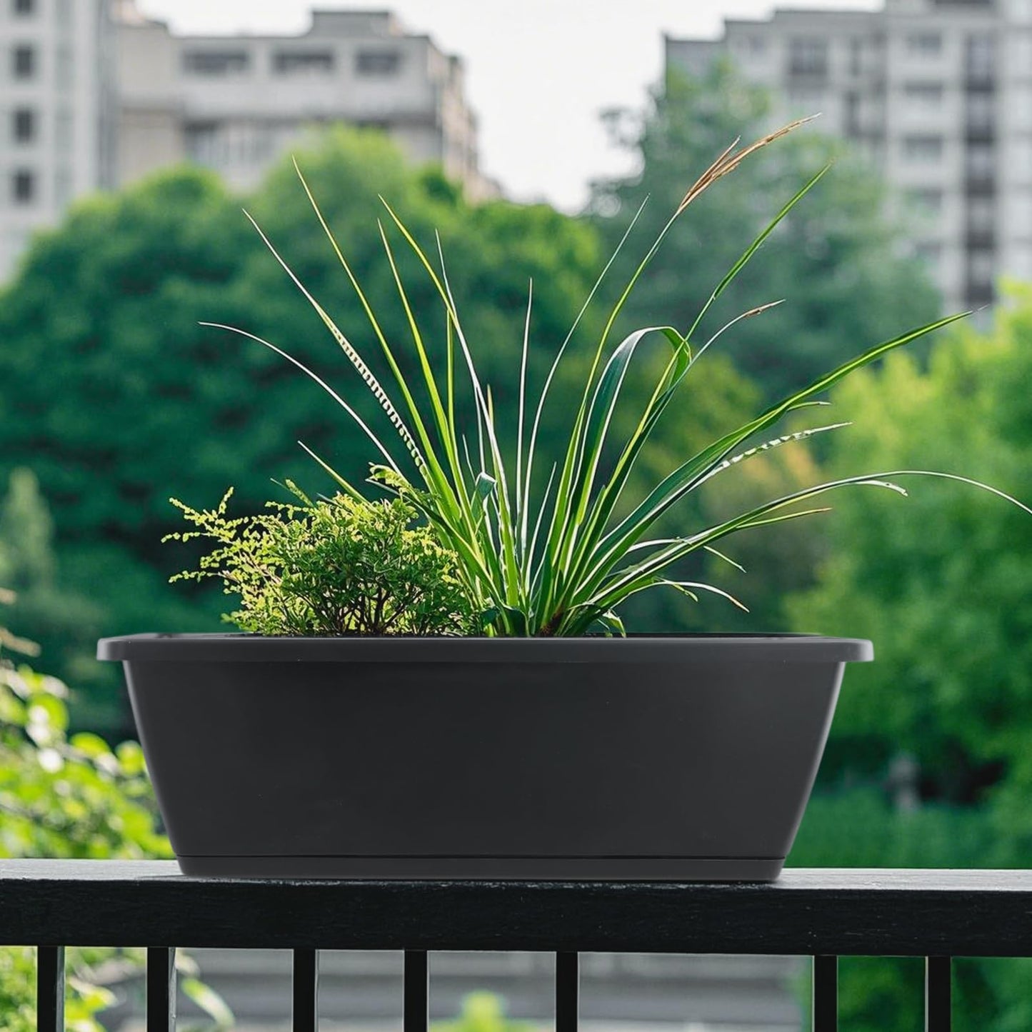 MUKSEUT 8PCS 17 Inch Black Window Boxes with Drainage Holes and Trays, Resin Flower Window Box Planter, Rectangle Planters for Windowsill, Patio, Garden, Home Decor, Porch Yard