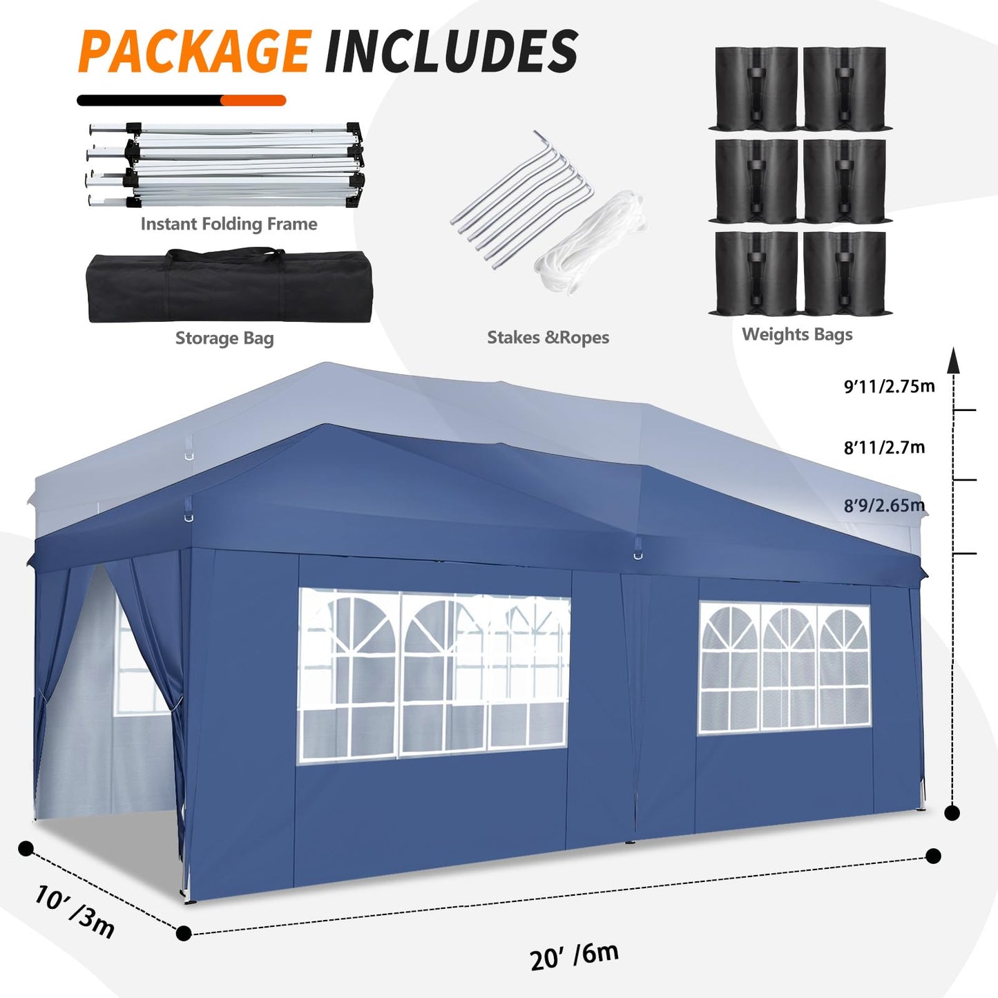 SANHENG Pop Up Gazebo, 3x6m Gazebo with sides, Waterproof, UV-Resistant, Easy-Assembly ideal for Weddings, Parties, Picnics and Commercial Use (Blue)