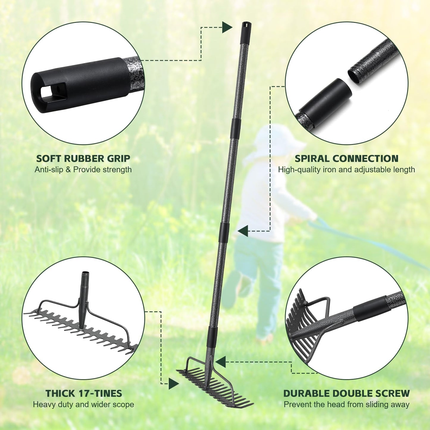 JAOTREL 60'' Bow Rake Heavy Duty Garden Rake with Stainless Steel Handle,Tines Metal Head Rake Tool for Loosening Soil Gathering Leaf Leveling Lawn Farming Land Management Yarn Thatch Rake