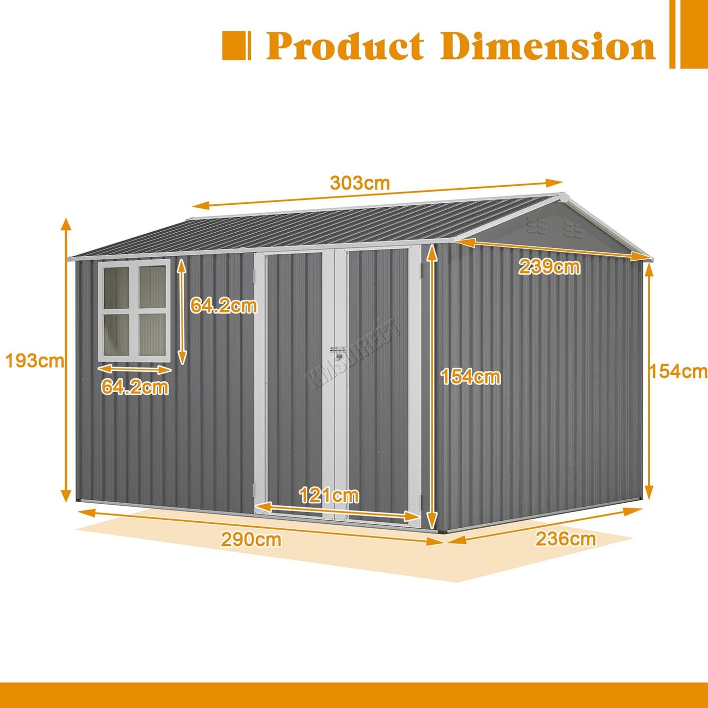 BIRCHTREE Garden Shed Steel Apex Roof House Outdoor Backyard Storage With Lockable Double Doors Window Free Foundation Tool Equipment Organizer Air Vents 10x8FT Grey