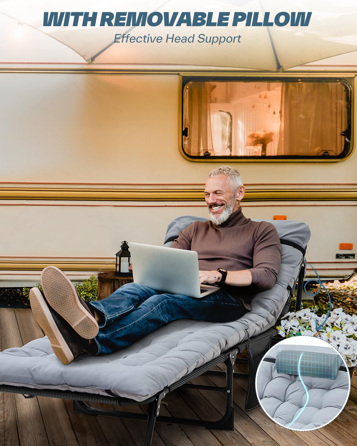 Sun Lounger 5 Position Adjustable, Sunloungers with Mattress and Headrest for Garden Recliner Beach Terrace Pools Camping Bed Guest Bed for Home, Office Nap, Indoor, Camp