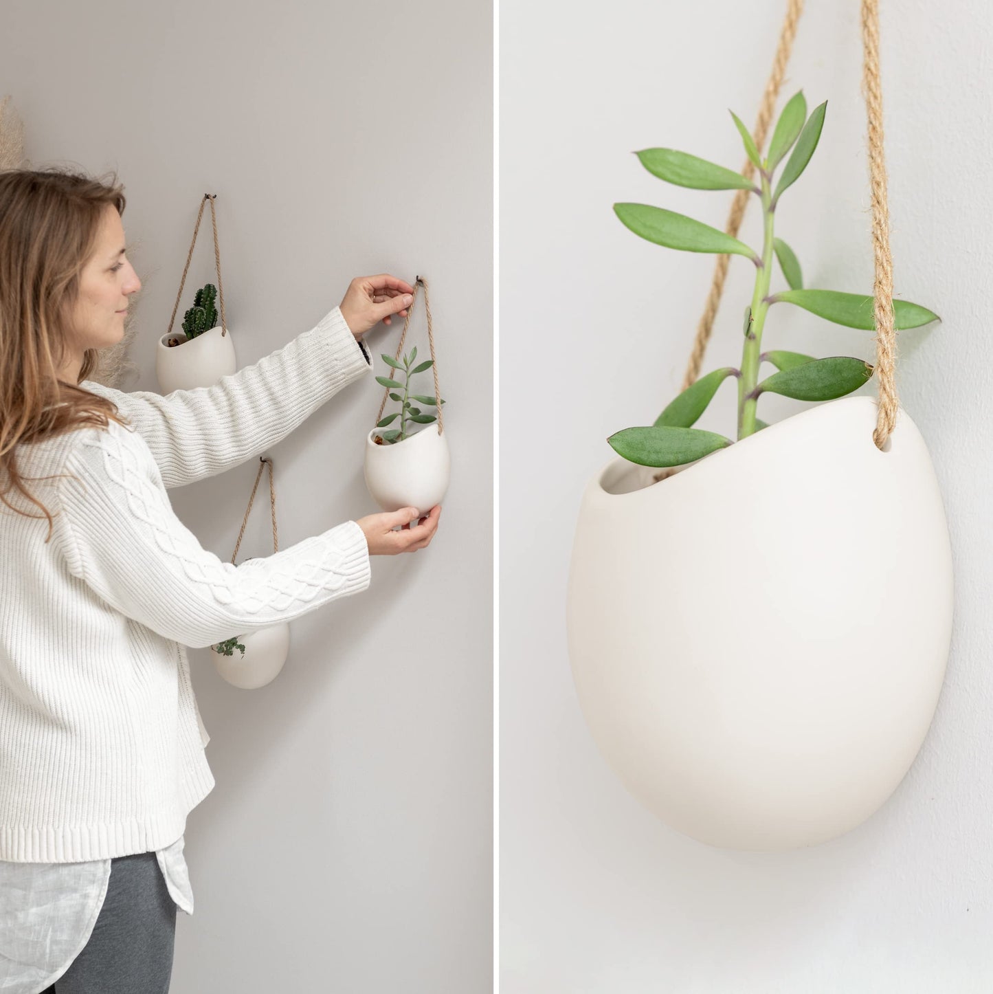 Kazai. Wall Planters -Ellie- | Hanging Ceramic Plant Pots, 3 Pieces, for Succulents and more | Wall Decoration for Indoors, Balcony and Garden | Cream (matte)