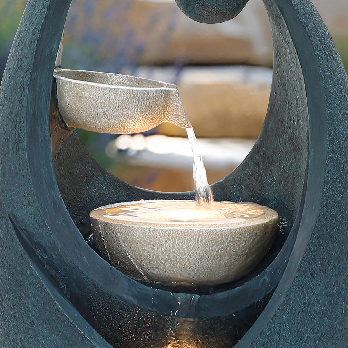 CHARLES BENTLEY 2 Tier, Water Feature, Cascading Water, UV Resistant, Weather Resistant, Mains Powered, Plug Included, Frost Resistant, Dark Blue, Water Fountain, Built In LED Lights (62x30x24cm)