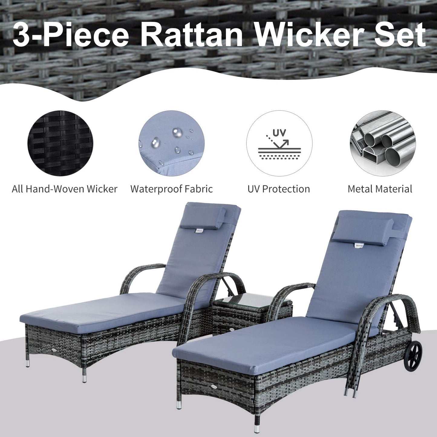 Outsunny 3 Pieces PE Rattan Patio Lounge Chair Set, Outdoor Recliner Lounge Chairs with Wheels, for Outside with Cushions, Headrest, Coffee Table for Garden, Poolside, Grey