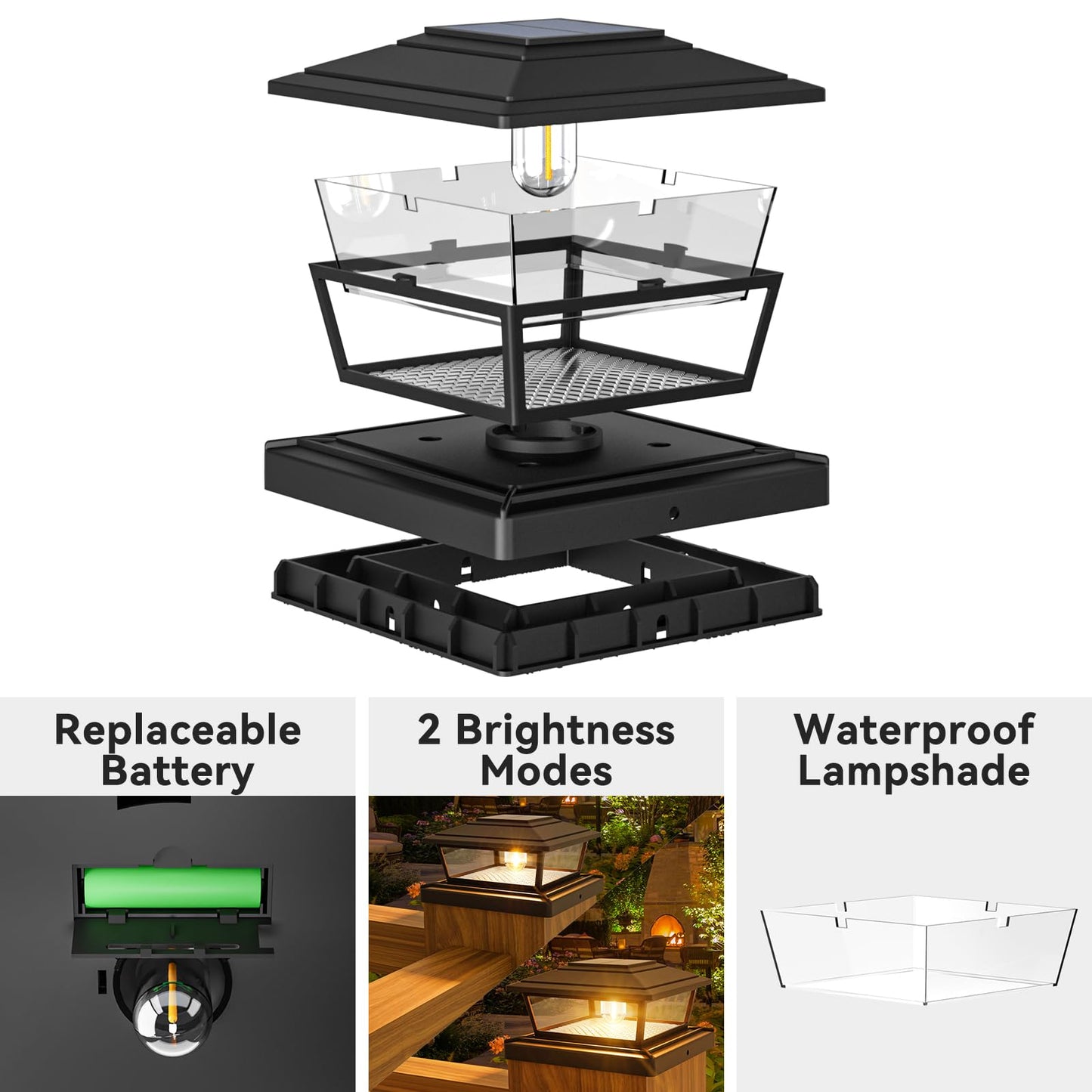 btfarm 2 Pack Solar Post Lights Outdoor Garden, 2 Modes Solar Fence Post Cap Lamp Waterproof, Square Post Lights Solar Powered Fits 4x4 5x5 6x6 Wooden Vinyl Patio Deck Stair Yard Decor, Warm White