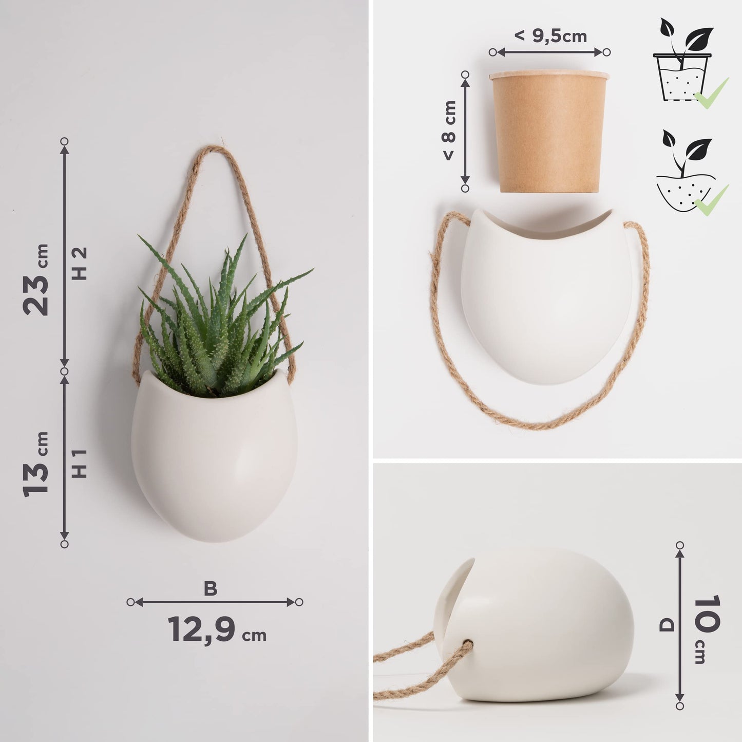 Kazai. Wall Planters -Ellie- | Hanging Ceramic Plant Pots, 3 Pieces, for Succulents and more | Wall Decoration for Indoors, Balcony and Garden | Cream (matte)