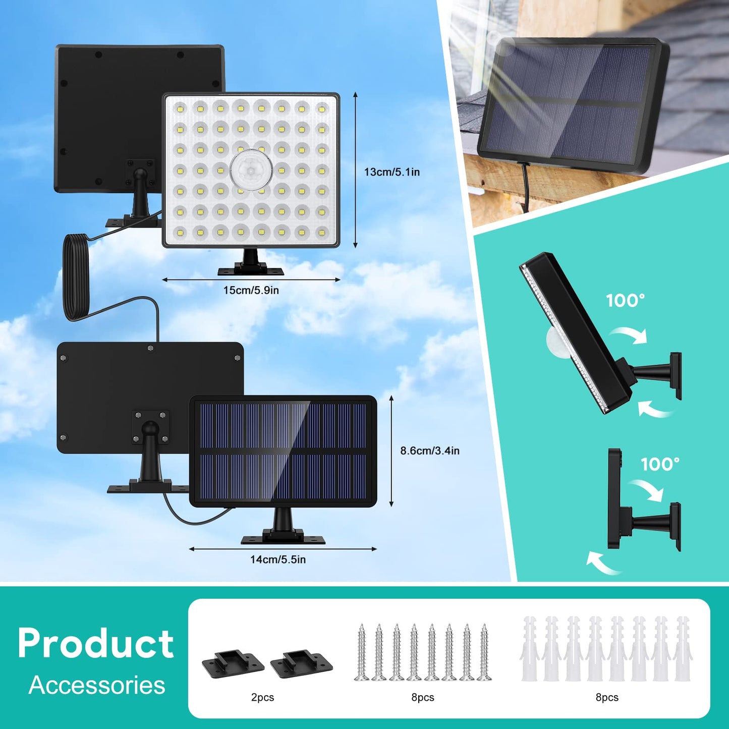 Tailcas Solar Security Lights Outdoor Motion Sensor, [4Modes/54LED] Garden, IP65 Waterproof Powered Lights, PIR Wall for Shed Fence Yard Garage Door, 2 Pack, ‎‎black