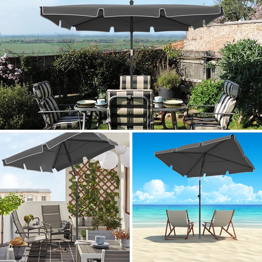 VOUNOT® 200 x 125 cm Garden Parasol, Rectangular Tilt Umbrella, Outdoor Sun Shade, w/Tilt Crank, Carry Bag, for Garden, Balcony, Patio, Beach, UV 50-, Dark Grey