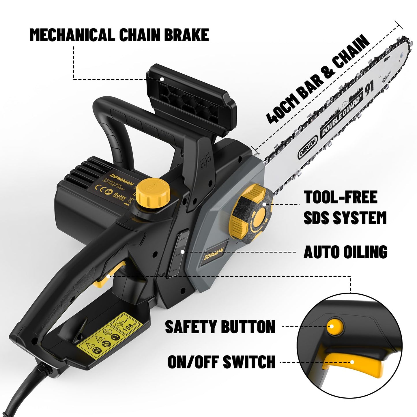 DOVAMAN 2400W Electric Chainsaw, One-Step Tool-Free Tensioning, 16 Inch Oregon Bar and Chain, 15m/s Chain Speed, 6m Power Cable, Auto Chain Lubrication, Powerful Chainsaw with Two Chains - DCS01A