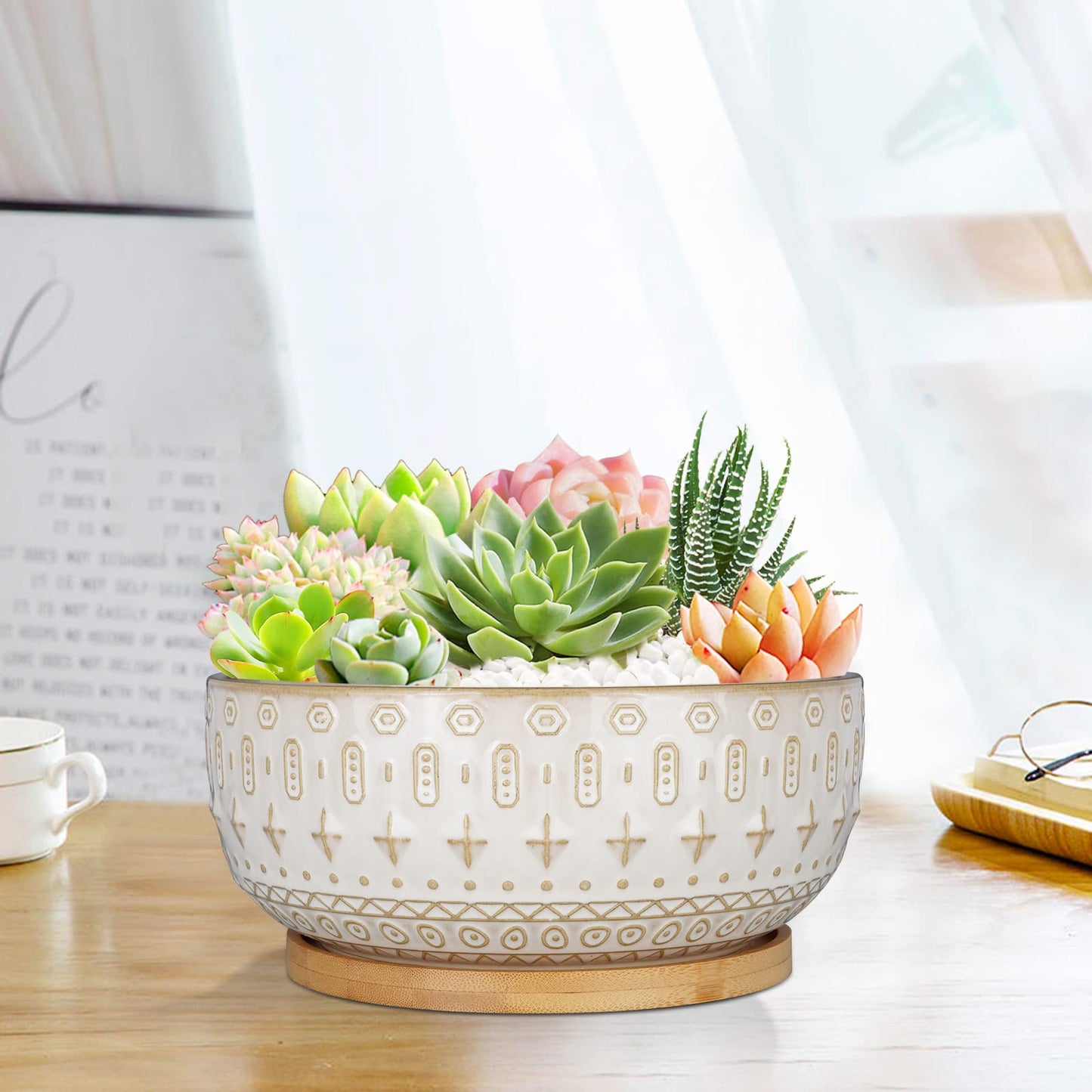 Fivepot 20.5CM Ceramic Succulent Planter Pots with Drainage Hole for Indoor Plants Round Shallow Bonsai Flower Pot with Bamboo Tray White