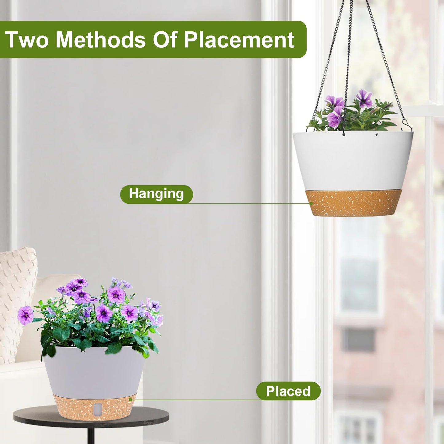JJoexyfit 2PCS Hanging Planters for Plants Indoor Outdoor, Plant Flower Pot with Visible Water Level Tray Drainage Hole, Self Watering Planters for Garden Home (10 Inch)