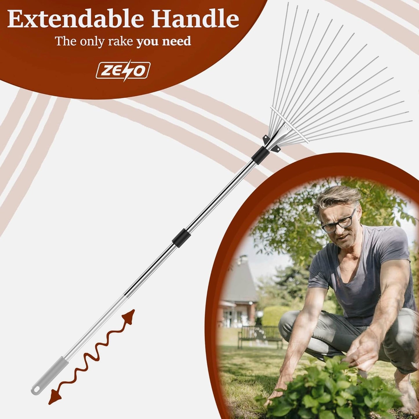 ZENO Garden Rake 25 Tines | Rake for Gardening | 31-67 Inch Adjustable Rakes for Lawns, Artificial Grass & Moss | Heavy Duty Metal Tines & Comfortable Handle | Collapsible Garden Rakes | Silver