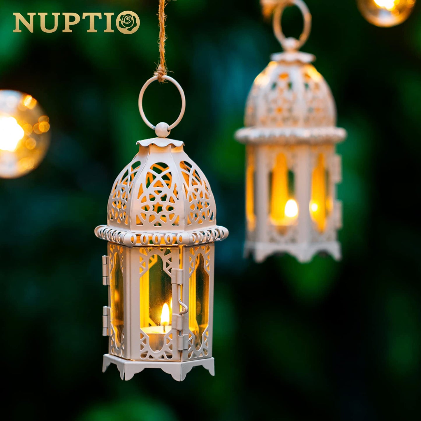 NUPTIO Ramadan Lantern Decorations for Home: Metal Glass Moroccan Tealight Candle Holder Eid 2 Pcs Fanoos Ramadan Wedding Table Decoration Hanging Patio Indoors Outdoors, White