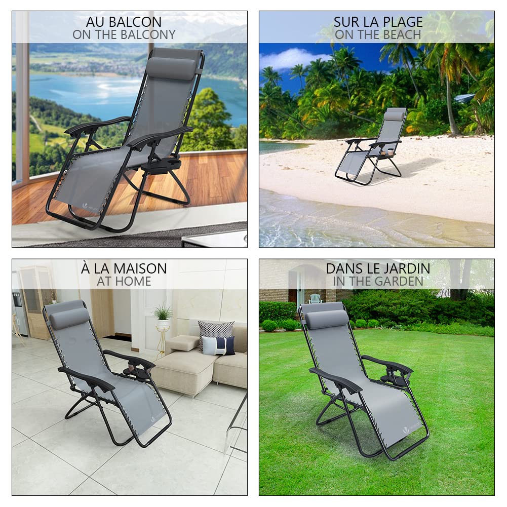 VOUNOT® Set of 2 Zero Gravity Sun Loungers, with Cup Holder and Phone Hoder, Adjustable Textoline Reclining Garden Chairs, Grey