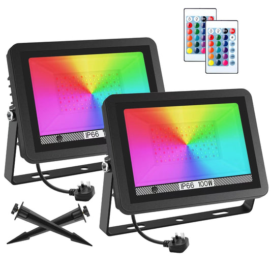 T-SUNUS 100W RGB LED Flood Lights, Colour Changing LED Security Garden Light with Remote Control, 16 Colours & 4 Modes, Waterproof Floodlight with UK Plug & Remote Control, Pack of 2