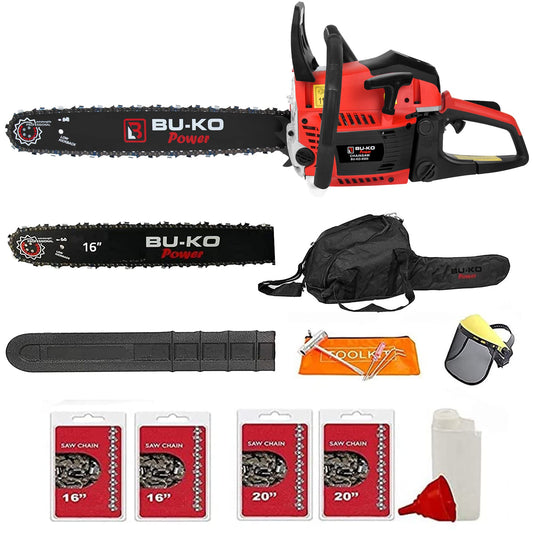 BU-KO 65cc Petrol Chainsaw 3.89HP 20" Bar with 2 Chains and 16" Bar with 2 Chains - Cover Bag and Full Safety Gear