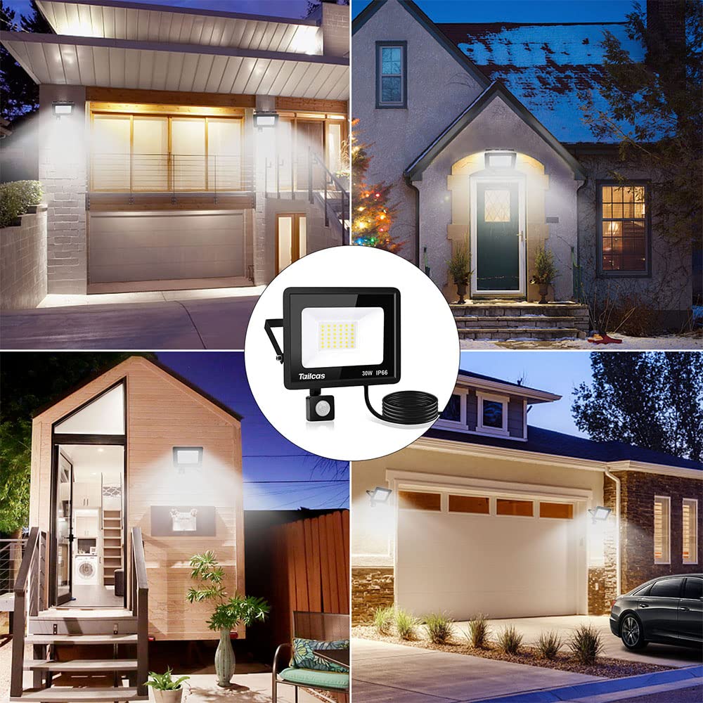 Security Lights Outdoor Motion Sensor, 30W 2700LM LED Flood Lights with PIR Sensor, IP66 Waterproof Outdoor Lights with 1.5M Wire, Daylight White Outside Wall Light for Garden, Garage, Forecourt