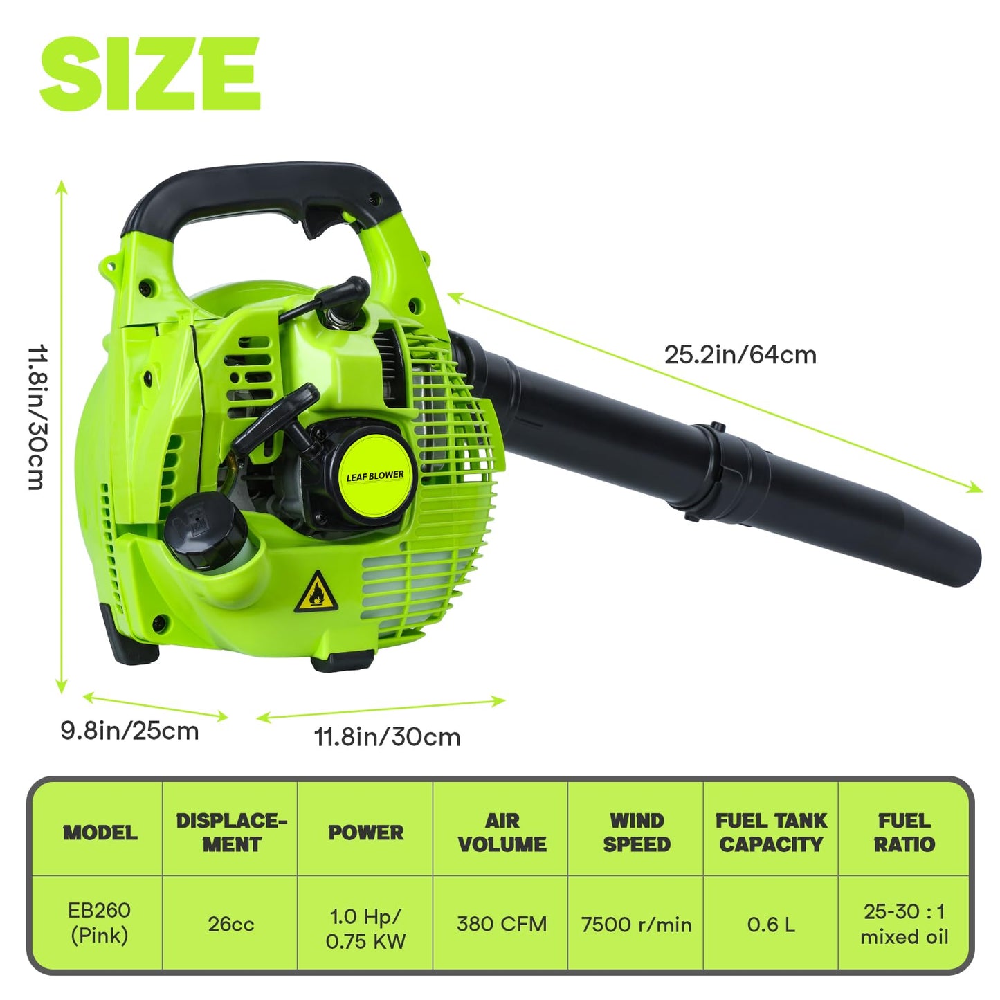 Cordless Petrol Leaf Blower, 26cc Snow Grass Lawn Blowers, Vacuum Powerful 2 Stroke Air Cooled Engine, Portable Handheld, For Blowing Leaves, Wood Chips, Dust, Garden Debris, Grass Cuttings (Green-A)