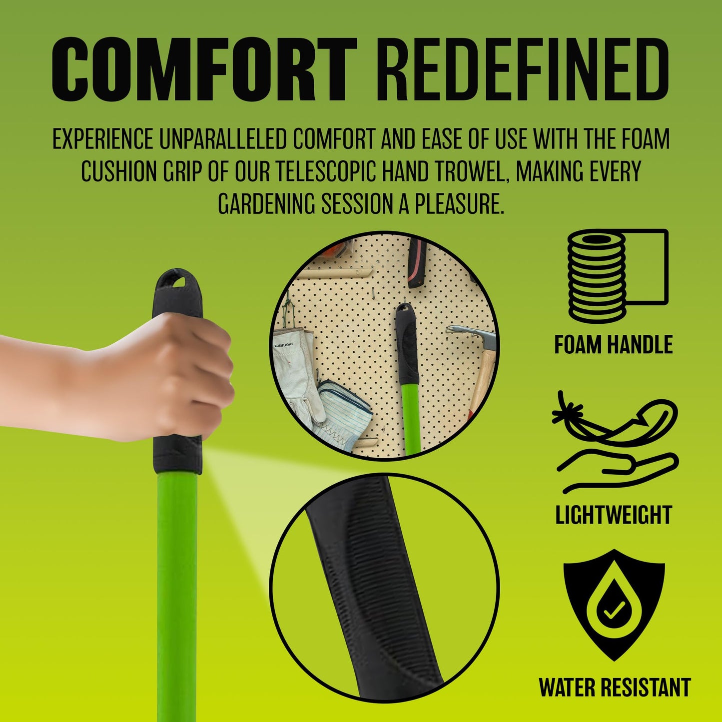 Long Handle Telescopic Hand Trowel - Extending, Gardening, Planting, Weeding, Expand, Grip | Garden Hand Tool | Soft Grip Handle | Durable & Long Lasting