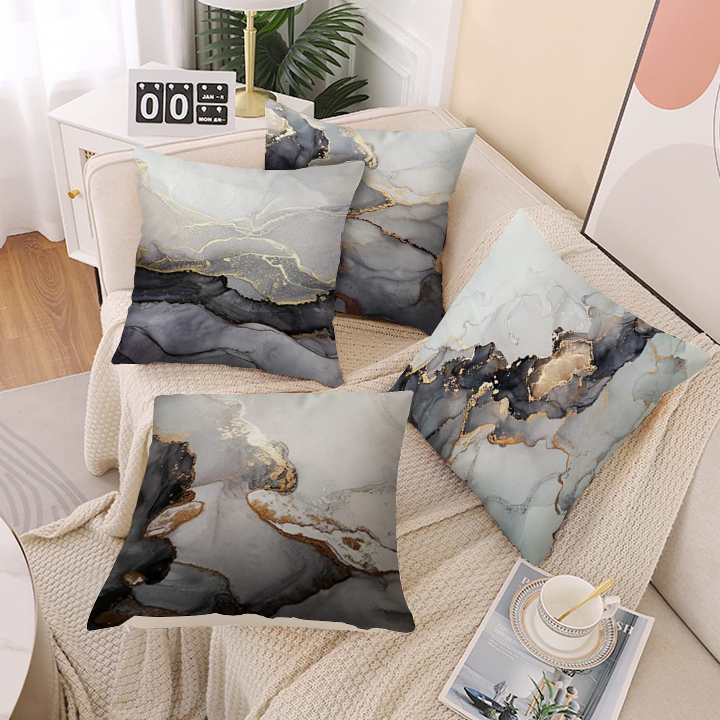 Minicoco Cushion Covers Outdoor Cushions Covers Linen Cushion Cover Outdoor Cushions for Garden Furniture 4 Pack Throw Pillow Case for Garden, Sofa 45 x 45cm (Black Marble)
